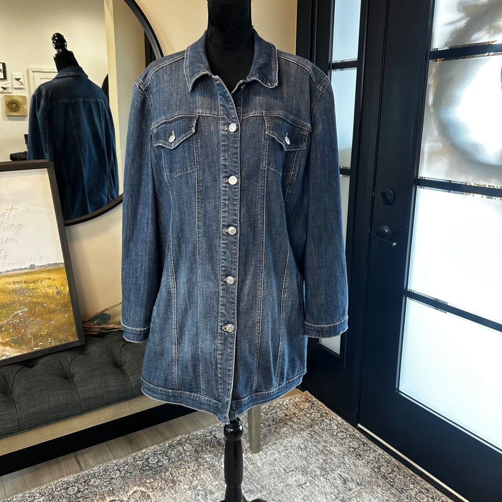 Chicos Denim Jacket Womens 4 20/22 Blue Dark Wash Longline Button 570270261